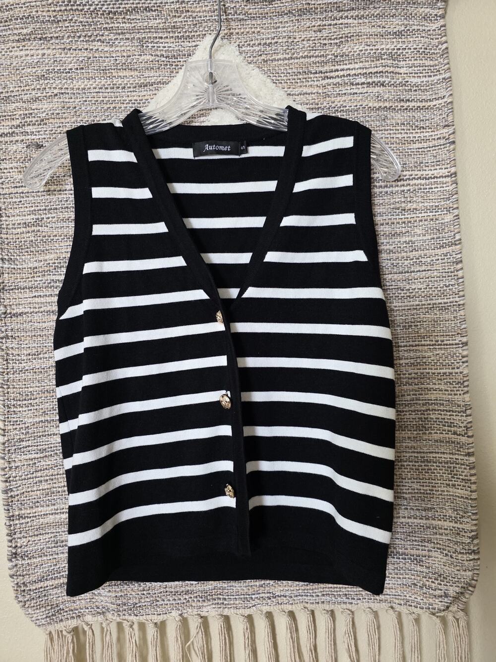Automet Striped Sweater Vest Women’s S Black White V Neck Button Front Knit